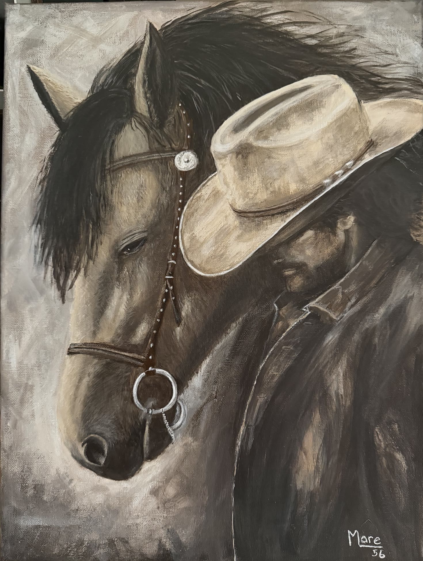 A cowboy in a pale hat bows his head beside his horse, which leans in with eyes half closed.